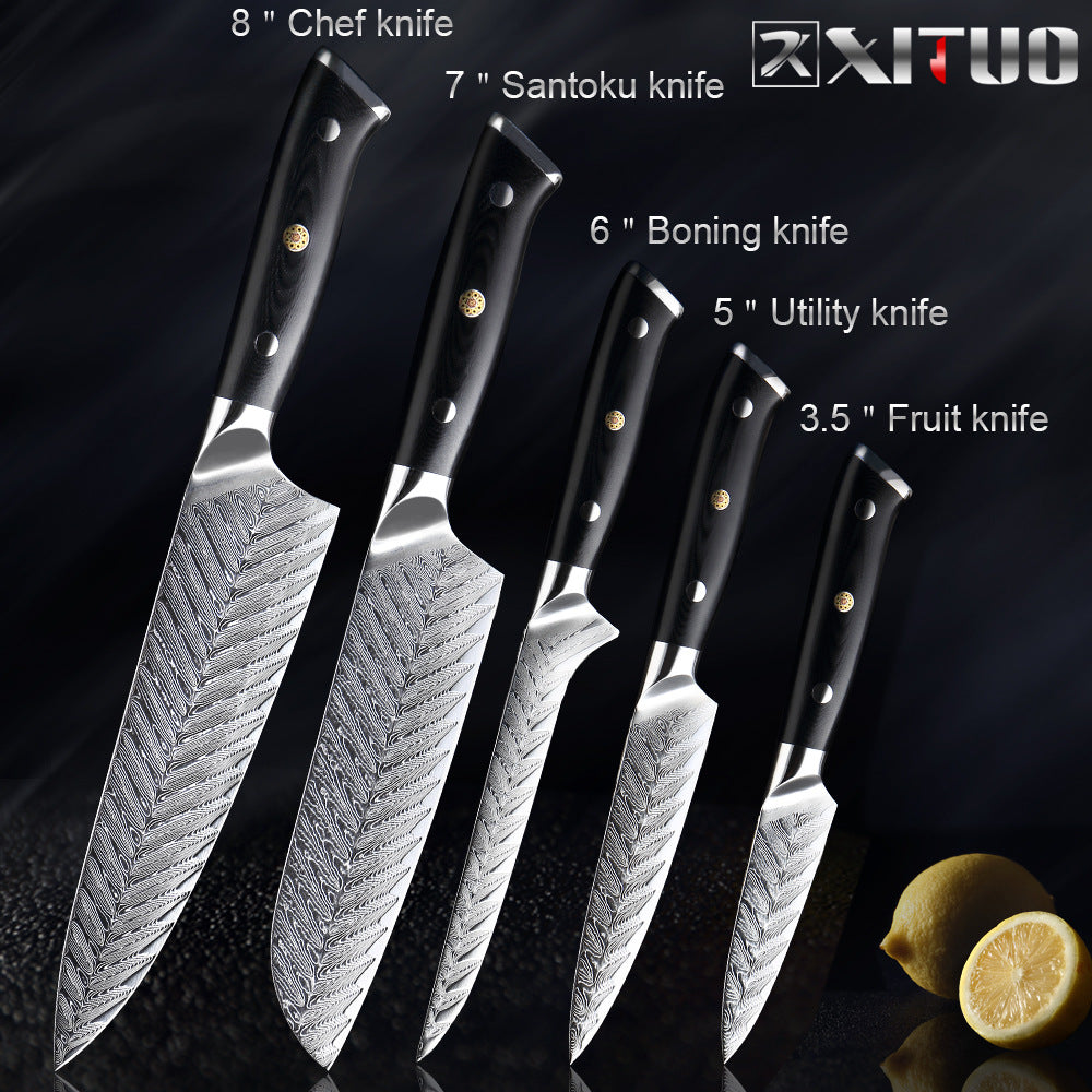 Damascus kitchen knife fish bone pattern set
